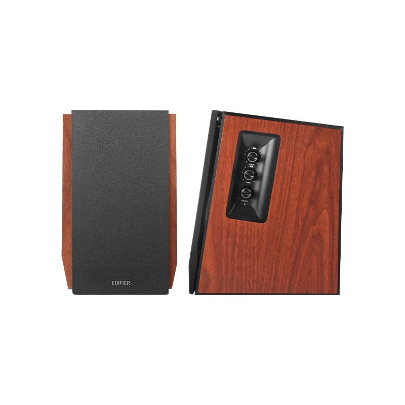 Pair of wooden speakers with black front panels 