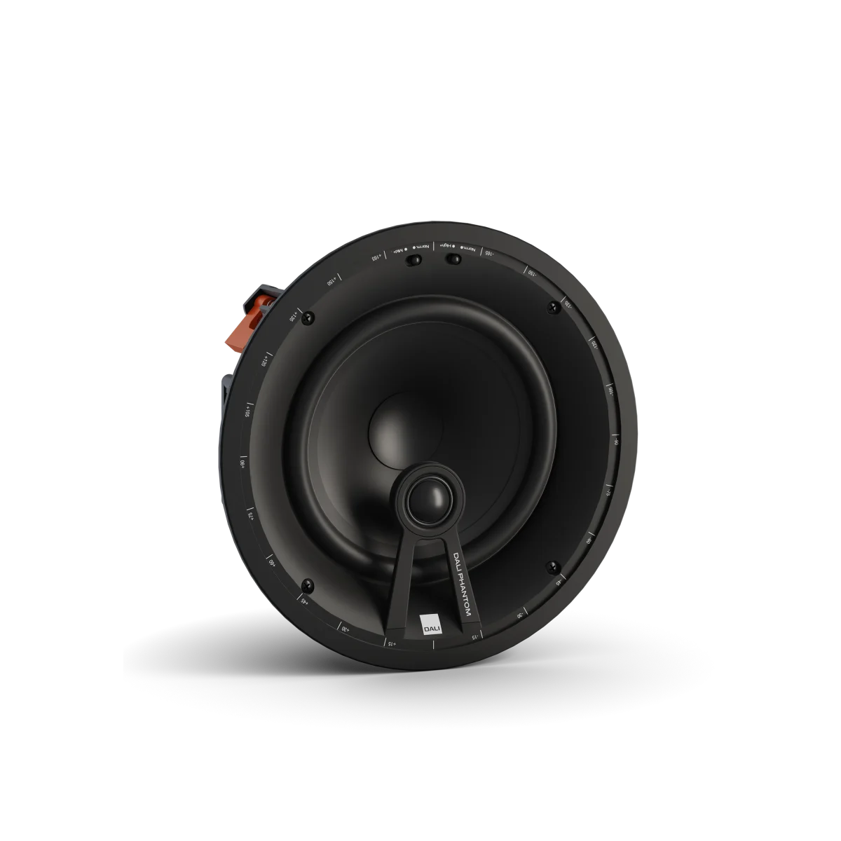 Round white speaker with a brand logo on a white background