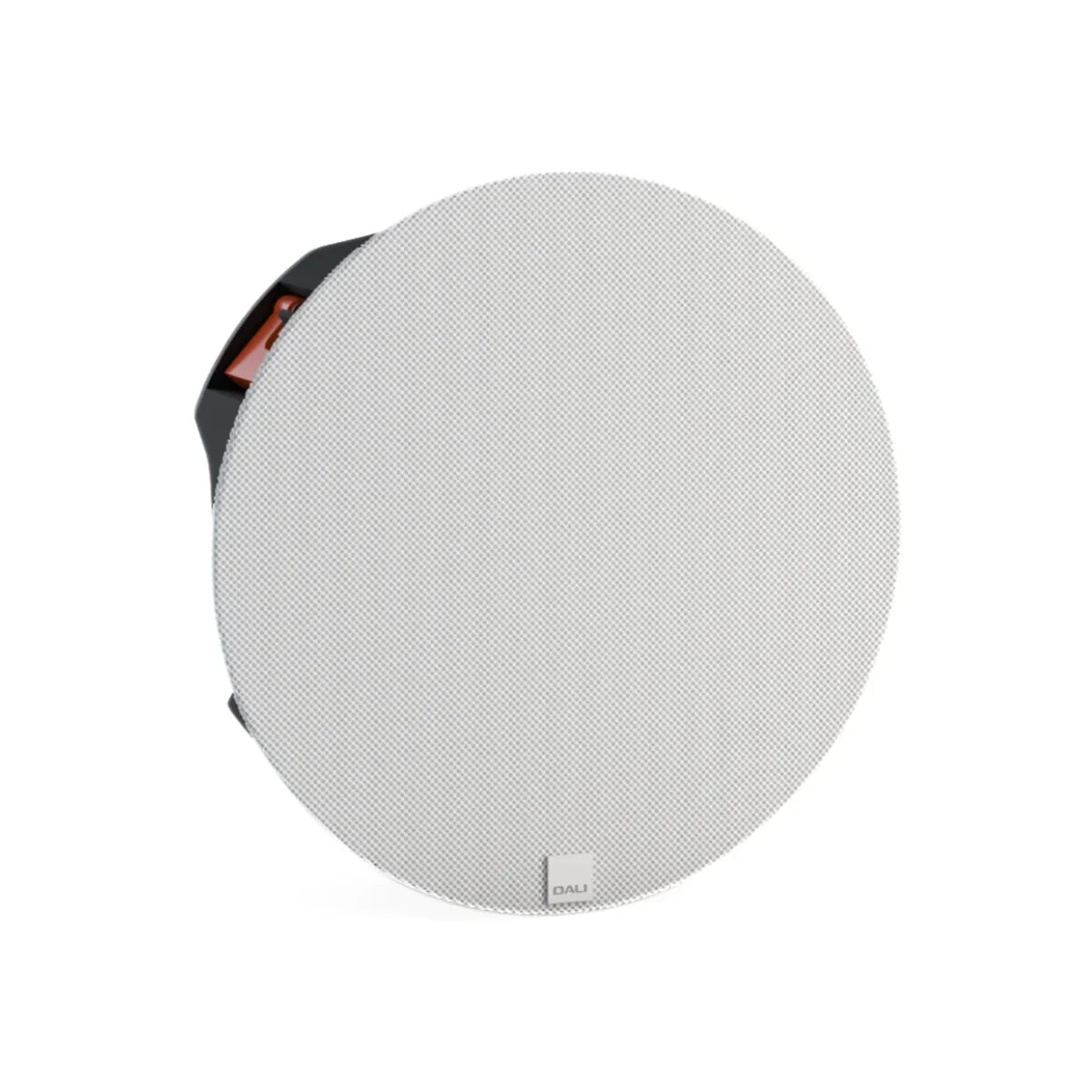 Round white speaker with a brand logo on a white background