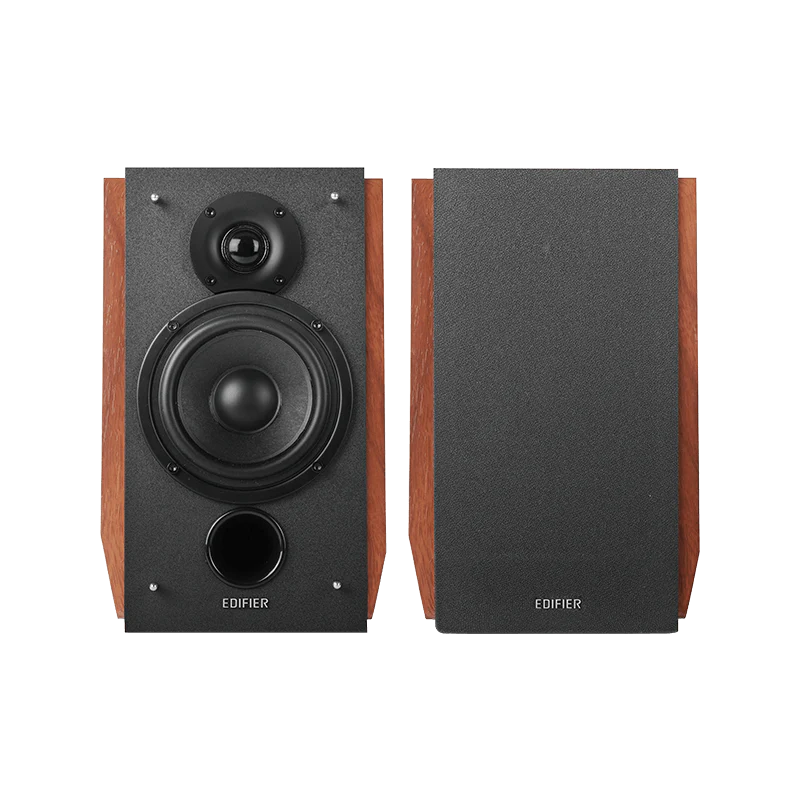 Pair of Edifier speakers with wooden finish