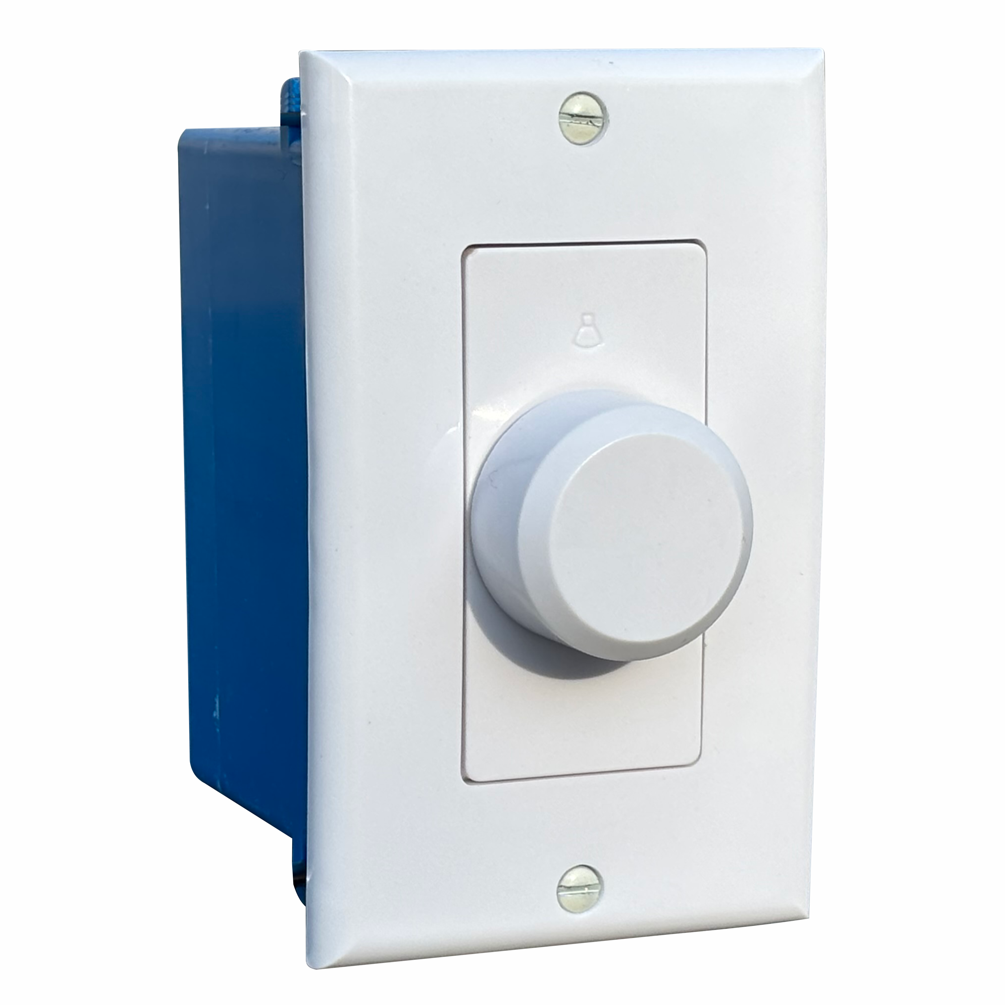 Wall-mounted dimmer switch with blue electrical box on a white background