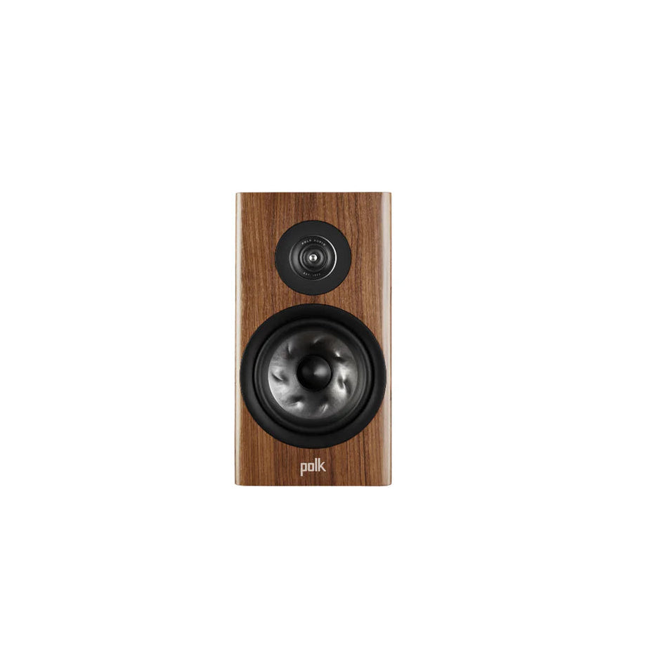 Wooden speaker with black driver on a white background