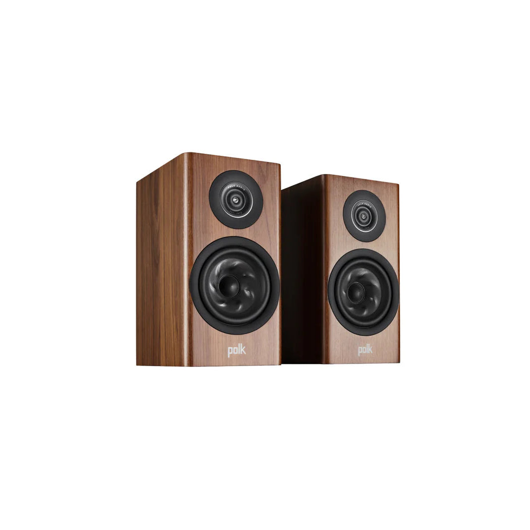 Pair of wooden speakers on a white background