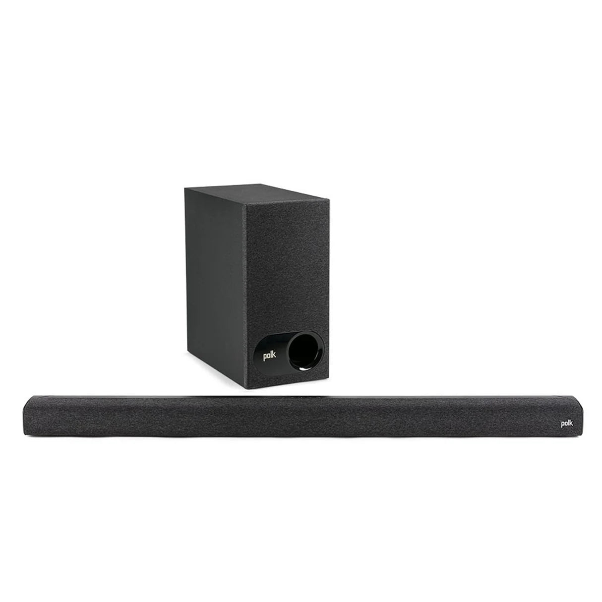 Black soundbar and subwoofer on a white background