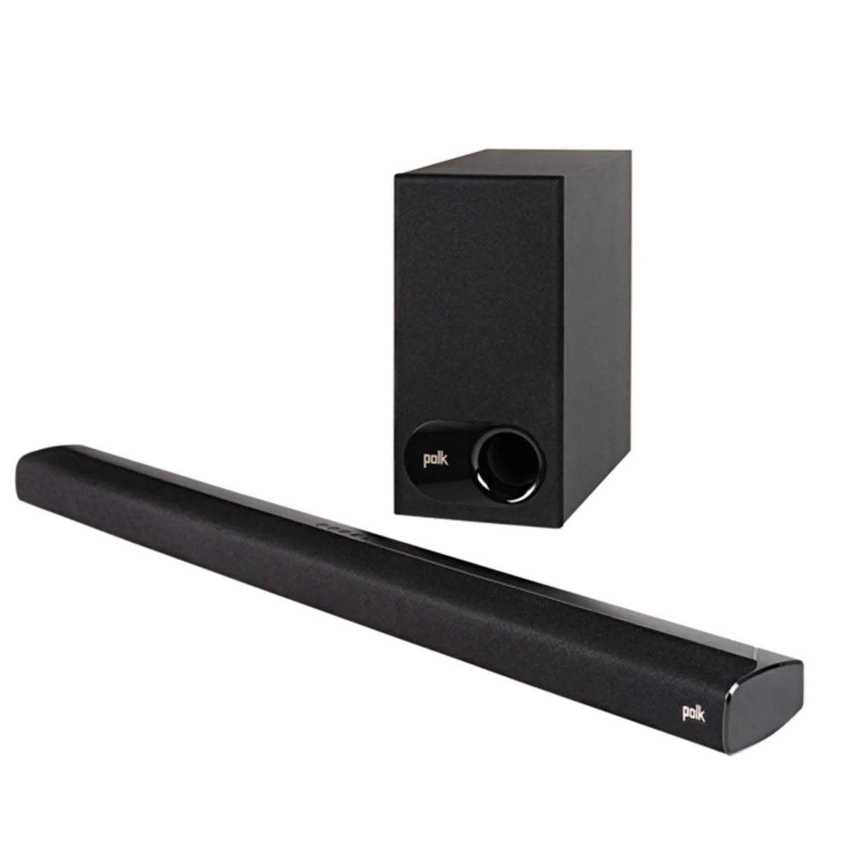 Black Polk audio soundbar and subwoofer on a white background