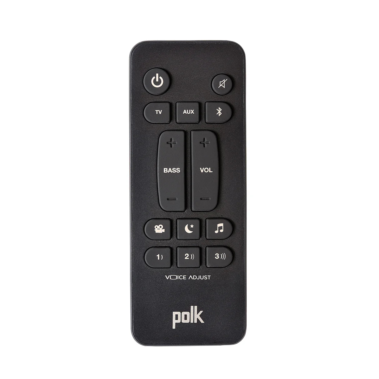 Black remote control with various buttons on a white background, featuring the Polk logo.