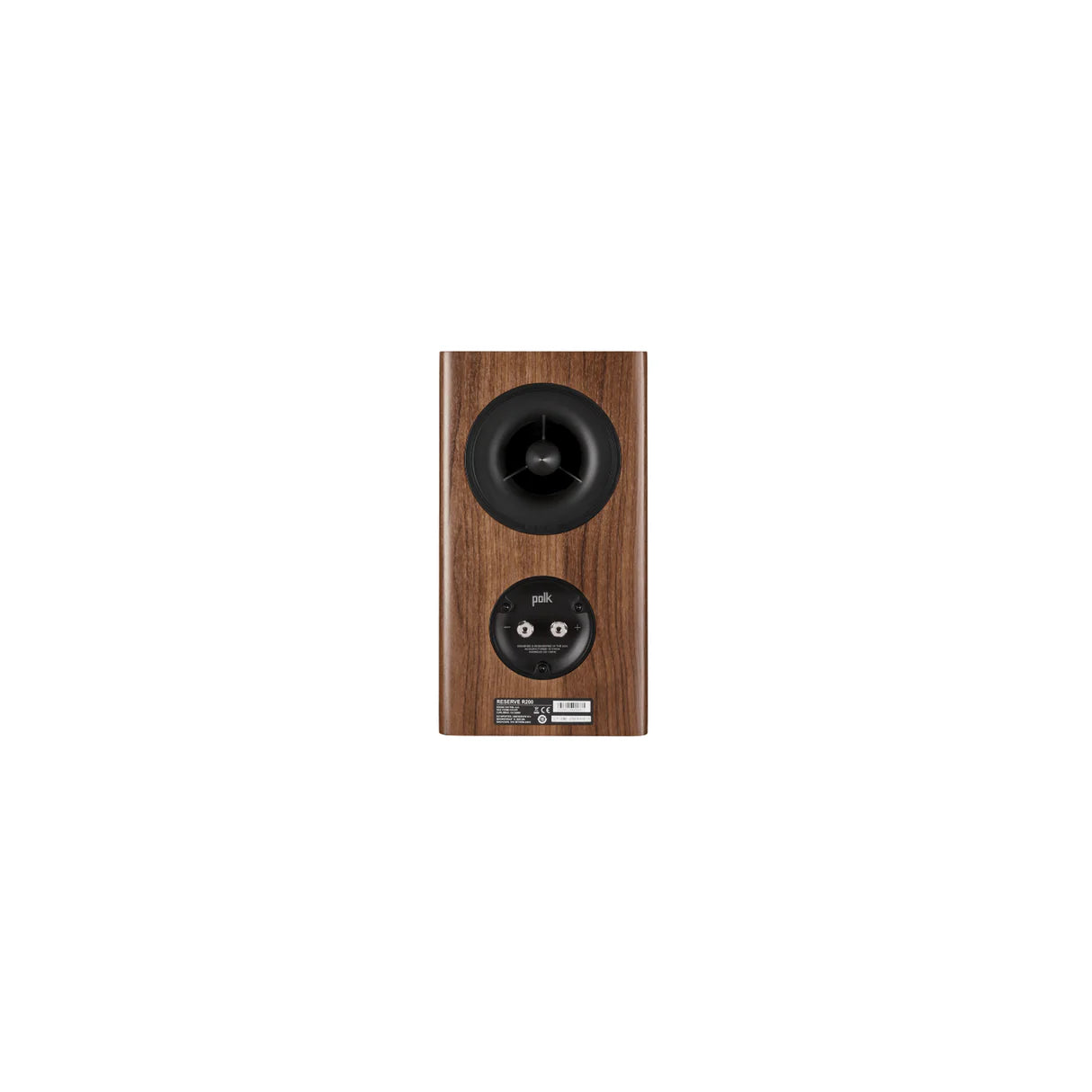Wooden speaker with black driver unit on a white background