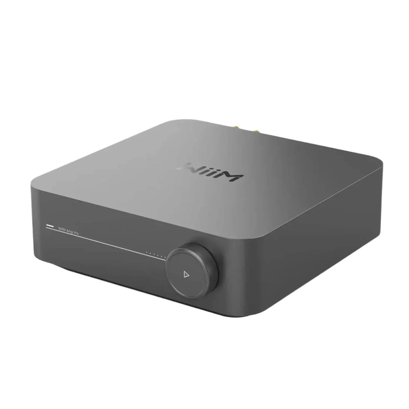 Gray electronic device with a brand logo on a white background