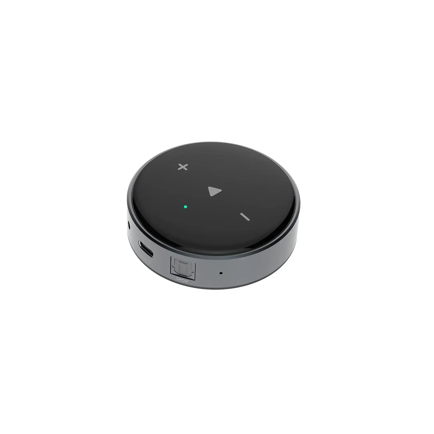 Round black electronic device with buttons on a white background