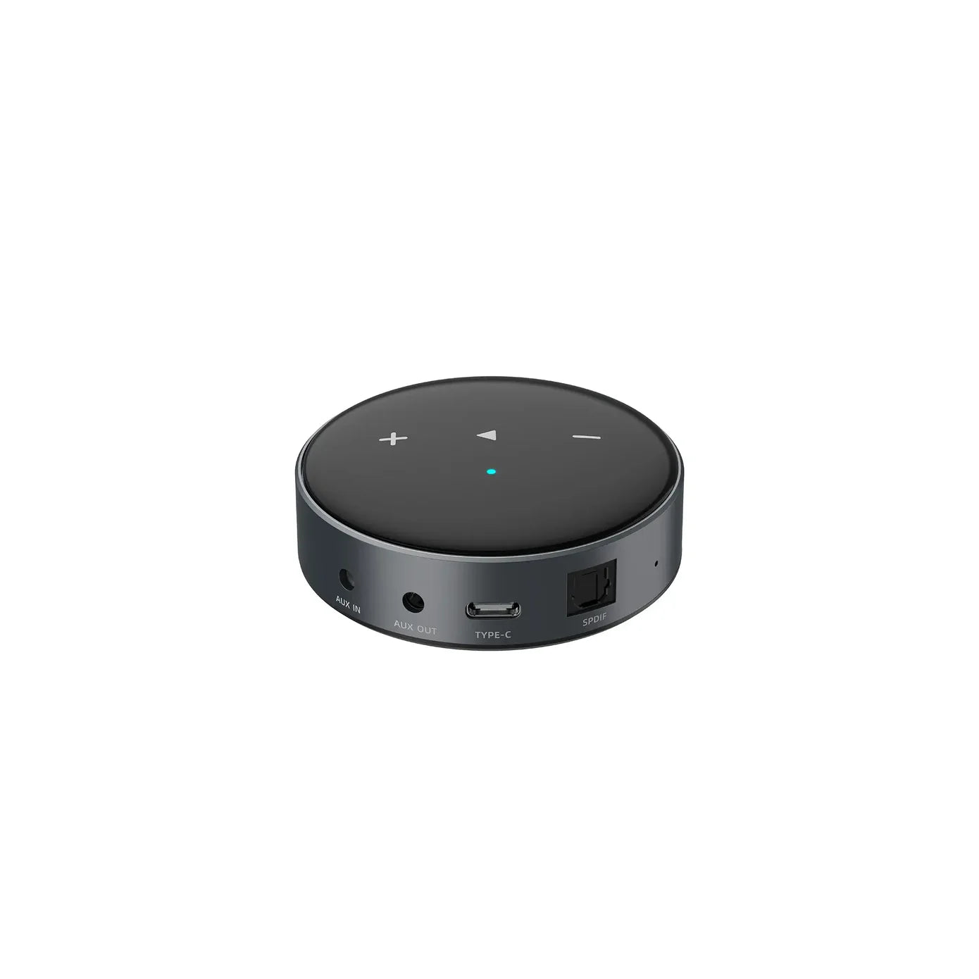 Black round electronic device with buttons on a white background